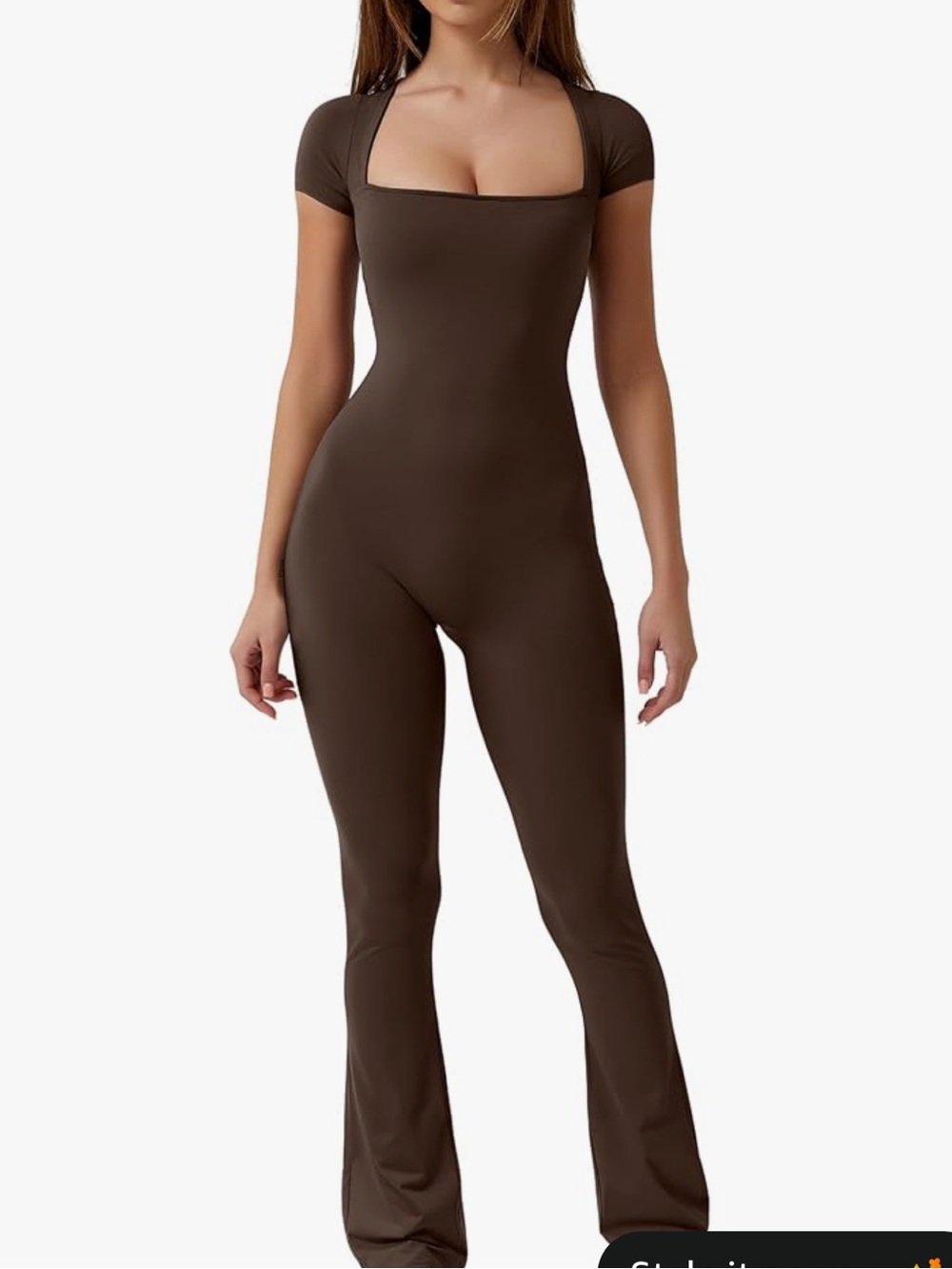 Square Neck Bodycon Full-Length Jumpsuit- Brown